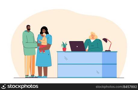 Married couple adopting child at adoption agency. Female receptionist with laptop at counter, black man and woman with Caucasian kid flat vector illustration. Adoption, family concept for banner