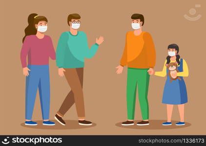 Married couple and father with daughter wearing protective medical mask for prevent virus in cartoon style. People wearing face mask. Corona virus quarantine. Character vector illustration. Married couple and father with daughter wearing protective Medical mask for prevent virus.