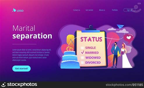 Married couple and marital status on clipboard, tiny people. Relationship status, marital status and separation, marriage and divorce concept. Website vibrant violet landing web page template.. Relationship status concept landing page.