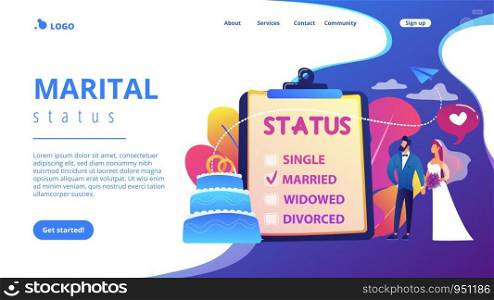 Married couple and marital status on clipboard, tiny people. Relationship status, marital status and separation, marriage and divorce concept. Website vibrant violet landing web page template.. Relationship status concept landing page.