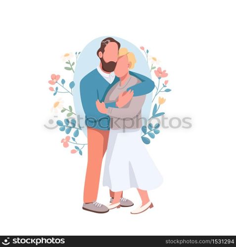Married couple flat concept vector illustration. Husband embrace happy wife. Romantic date. Flirting pair. Family 2D cartoon characters for web design. Heterosexual relationship creative idea. Married couple flat concept vector illustration
