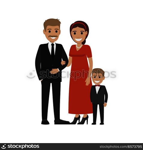 Married couple in expensive cloth and their little son. Family going to visit party. Smiling parents and boy isolated. Man woman and child on white. Parenthood concept vector illustration in flat. Married Couple in Expensive Cloth and Little Son