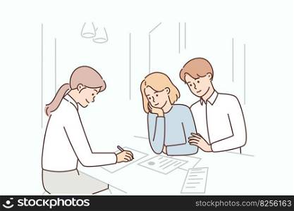 Married couple is consulting insurance agent or lawyer and drawing up marriage contract sitting in office. Man and woman consulting tax specialist giving recommendations on taxation optimization. Married couple is consulting insurance agent or lawyer and drawing up marriage contract in office