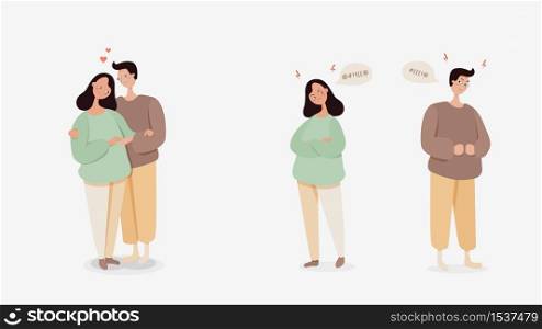 Married couple loves and quarrel. Man woman gently hug with loving faces and angrily stand separately offended changes in relationships mutual misunderstanding disagreements vector example.. Married couple loves and quarrel. Man woman gently hug with loving faces and angrily stand separately offended.