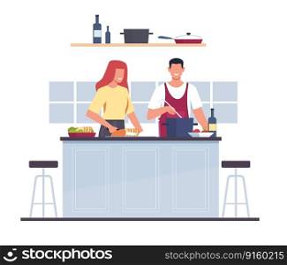 Married couple, man and woman cooking together in kitchen. Happy family ar home preparing food, fresh healthy ingredients. Cartoon flat style isolated husband and wife illustration. Vector concept. Married couple, man and woman cooking together in kitchen. Happy family ar home preparing food, fresh healthy ingredients. Cartoon flat husband and wife illustration. Vector concept