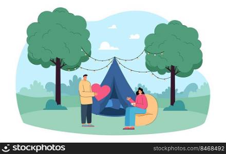 Married couple on camping or glamping trip together. Husband and wife resting next to tent in country flat vector illustration. Romance, outdoor activity, holiday concept for banner or website design