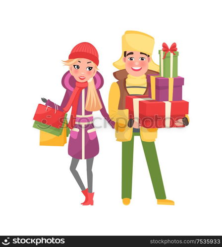 Married couple on shopping. Man and woman in warm winter cloth with wrapped gift boxes and presents. Packages with surprises, Xmas time celebration. Married Couple Shopping. Man and Woman with Packs