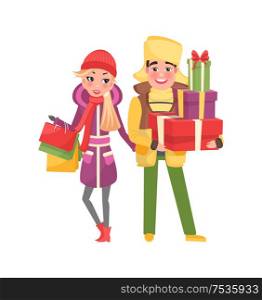 Married couple on shopping. Man and woman in warm winter cloth with wrapped gift boxes and presents. Packages with surprises, Xmas time celebration. Married Couple Shopping. Man and Woman with Packs