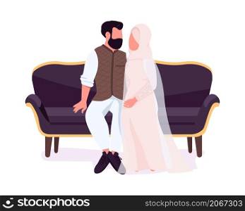 Married couple pose on sofa semi flat color vector characters. Sitting figures. Full body people on white. Wedding isolated modern cartoon style illustration for graphic design and animation. Married couple pose on sofa semi flat color vector characters