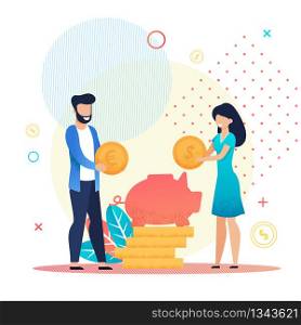 Married Couple Save Coins in Piggy Bank Metaphor Cartoon. Family Budget, Home Savings and Investment Money. Future Financial Planning. Safe Economical Fund Deposit Strategy. Vector Flat Illustration. Married Couple Save Money in Piggy Bank Metaphor