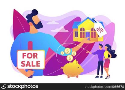 Married couple searching home. Realtor offering property with discount. House for sale, selling house best deal, real estate agent services concept. Bright vibrant violet vector isolated illustration. House for sale concept vector illustration.