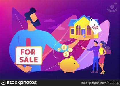 Married couple searching home. Realtor offering property with discount. House for sale, selling house best deal, real estate agent services concept. Bright vibrant violet vector isolated illustration
