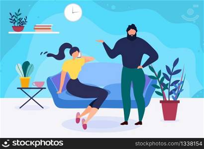 Married Couple Spending Time at Home Illustration. Woman Talking Phone on Couch in Living Room, Outraged Man Standing near Sofa. Relationship Problems. Telephone Addiction. Vector Flat Family Cartoon. Married Couple Spending Time at Home Illustration