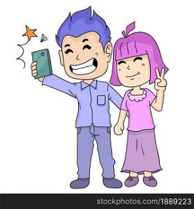 married couple taking selfies. cartoon illustration sticker emoticon