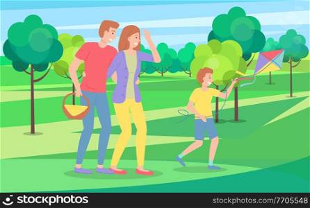 Married couple with child are walking in city park or forest, family picnic. Man carries basket of food, picnic in nature, child playing kite, sandwiches. Green succulent plantings. Flat image. The family walks in nature. Kid playing kite, man carries basket of groceries. Summer time