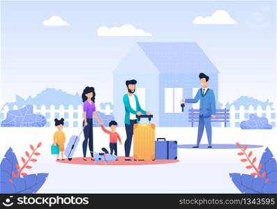Married Couple with Children Moving to New House. Happy Man and Woman with Luggage Taking Keys from Realtor. Son, Daughter and Dog Standing near. Selling or Renting Vector Flat Illustration. Married Couple with Children Moving to New House