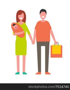 Married couple with newborn baby and shopping bags. Mother beside father, parents of little child carrying packages vector illustration isolated.. Married Couple with Newborn Baby and Shopping Bags