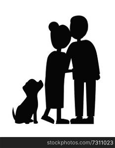 Married people and their puppy, family poster with cute sitting dog, husband and wife black silhouettes, family relationship, vector illustration. Married People and their Puppy, Family Poster