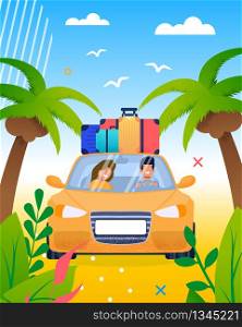 Married Smiling Couple Going on Vacation Flat Cartoon. Happy Man and Woman Driving Automobile on Sunny Tropical Beach. Car Trip, Exciting Journey and Adventure. Rest and Relax. Vector Illustration. Married Couple Going on Vacation Flat Cartoon