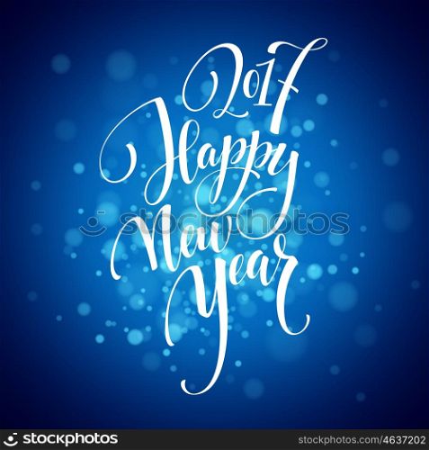 Marry Christmas and Happy New Year 2017 lettering . Christmas vector illustration with realistic bokeh, blured lights background. Greeting card. Vector illustration 2017