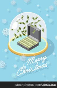 marry christmas. Falling money. Case of money. Wealth. Congratulations greeting card