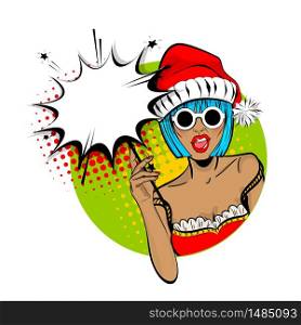 Marry Christmas young beautiful pop art woman pompom hat. Vector illustration isolated halftone popart wow face. Dare girl in red dress hold hand bengal fire, sparkler empty comic text speech bubble.. Merry Christmas woman pop art hold sparkler