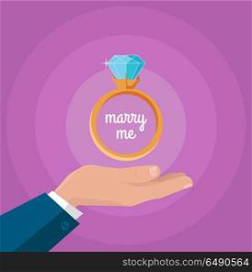 Marry me vector concept in flat design. Gold wedding ring with huge diamond on mans hand. Romantic gift for gift for the future bride. Marriage proposal and love declaration with jewelry. . Marry Me Vector Concept in Flat Design. . Marry Me Vector Concept in Flat Design.