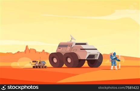 Mars exploration colonization landscape flat composition with rover astronaut on red dust surface background hills vector illustration
