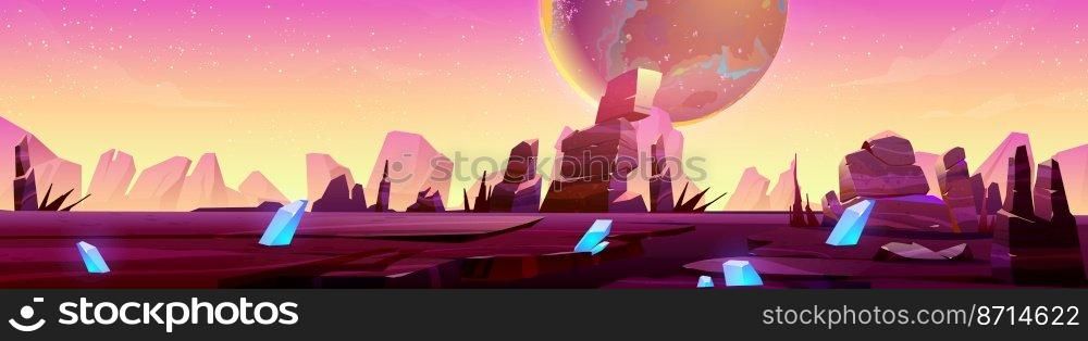 Mars landscape, alien planet background, purple desert surface with mountains, blue cristals and stars shine on pink sky. Martian ground surface, scenery game backdrop, cartoon vector illustration. Mars landscape, alien planet desert background