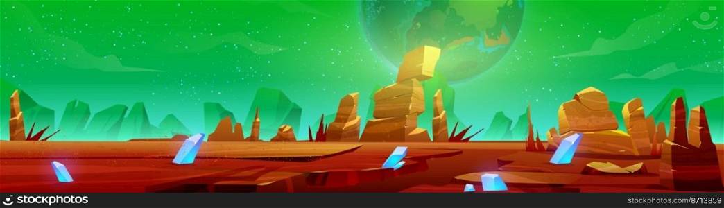 Mars landscape, alien planet background, red desert surface with mountains, blue cristals and stars shine on green sky. Martian ground surface, scenery game backdrop, cartoon vector illustration. Mars landscape, alien planet background red desert