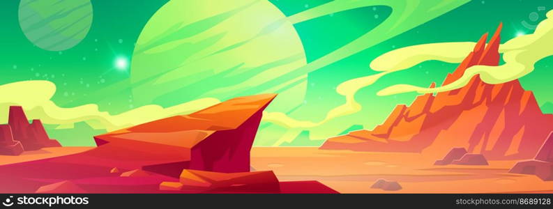 Mars landscape, alien planet background, red desert surface with mountains, saturn and stars shine on green sky. Martian extraterrestrial computer game scenery backdrop, cartoon vector illustration. Mars landscape, alien planet, martian background