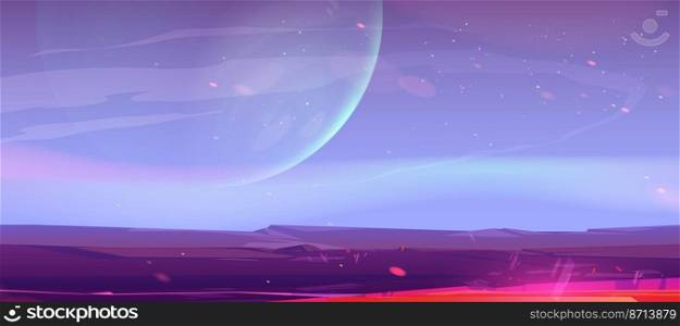 Mars landscape, alien planet sunset background, empty purple desert surface and flying cosmic dust. Martian space ground, scenery game backdrop with big sphere in blue sky, cartoon vector illustration. Mars landscape, alien planet desert background