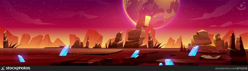 Mars landscape, alien planet sunset background, red desert surface with mountains, blue cristals and stars shine on pink sky. Martian space ground, scenery game backdrop, cartoon vector illustration. Mars landscape, alien planet background red desert