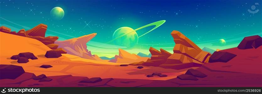 Mars surface, alien planet landscape. Space game background with orange ground, mountains, stars, Saturn and Earth in sky. Vector cartoon fantastic illustration of cosmos and red martian surface. Mars surface, alien planet landscape