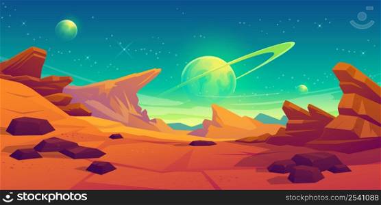 Mars surface, alien planet landscape. Space game background with orange ground, mountains, stars, Saturn and Earth in sky. Vector cartoon fantastic illustration of cosmos and red martian surface. Mars surface, alien planet landscape
