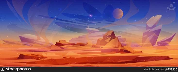 Mars surface, alien planet landscape with sand or dust storm. Cartoon background with dusty wind in red desert with rocks crater and stars shine on dark night sky. Martian backdrop Vector illustration. Mars surface, alien planet landscape, sand storm
