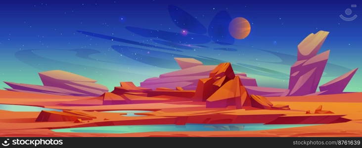 Mars surface, alien planet landscape with water pond, rocks and stars shine on dark night sky. Cartoon game background lake in with red desert. Martian extraterrestrial backdrop, Vector illustration. Mars surface, alien planet landscape with pond