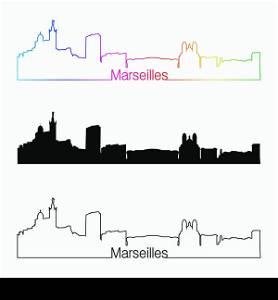 Marseilles skyline linear style with rainbow in editable vector file