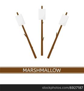 Marshmallow on stick. Vector illustration of marshmallow on wooden stick isolated on white background, flat style.