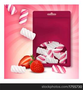 Marshmallows Creative Promotional Poster Vector. Strawberry Marshmallows Blank Package And Ripe Berries On Advertising Banner. Delicious Sweet Natural Product Style Concept Template Illustration. Marshmallows Creative Promotional Poster Vector