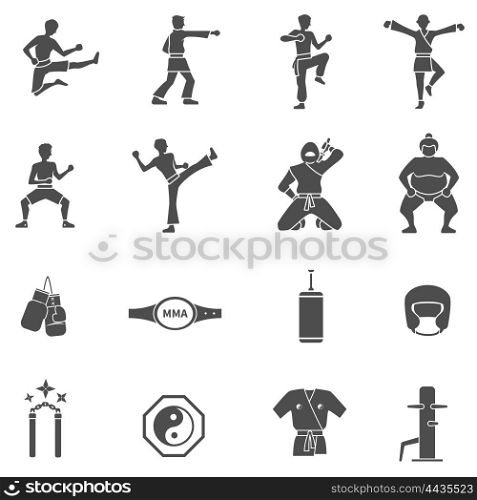 Martial Arts Black White Icons Set . Martial arts black white icons set with exercise and training symbols flat isolated vector illustration