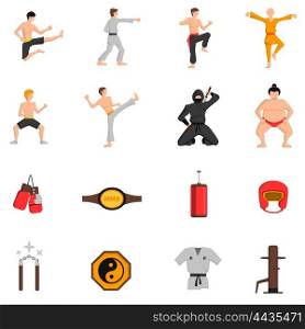 Martial Arts Icons Set . Martial arts icons set with boxing and judo symbols flat isolated vector illustration
