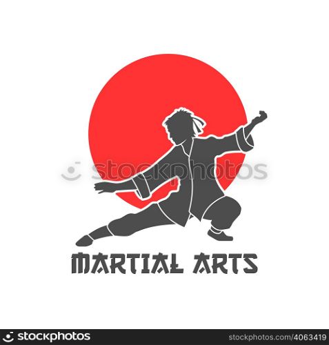Martial arts logo in Japanese design with sun and kimono flat vector illustration. Martial Arts Logo Illustration
