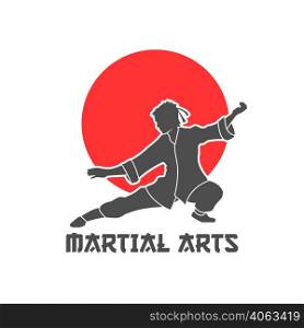 Martial arts logo in Japanese design with sun and kimono flat vector illustration. Martial Arts Logo Illustration
