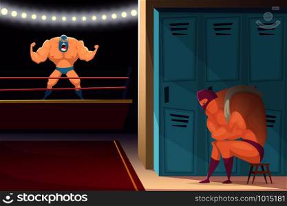 Martial fighting ring. Wrestler fighters lucha libre sport masked vector cartoon background. Illustration of fight ring, fighter and wrestling. Martial fighting ring. Wrestler fighters lucha libre sport masked vector cartoon background