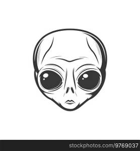 Martian head, fiction character with big ears isolated mystic face. Vector ufo invader paranormal alien, extraterrestrial futuristic paranormal being. Outer space creature with big black eyes. Humanoid paranormal alien face isolated martian