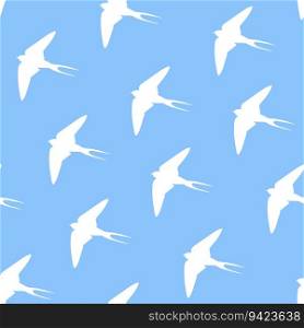 Martin bird silhouette seamless pattern. White swallows silhouette on blue sky ornament. Vector illustration