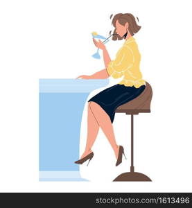 Martini Beverage Drink Girl At Bar Counter Vector. Young Woman Drinking Alcoholic Dry Cocktail Martini, Prepared From Vermouth And Olives. Character With Alcohol Liquid Flat Cartoon Illustration. Martini Beverage Drink Girl At Bar Counter Vector
