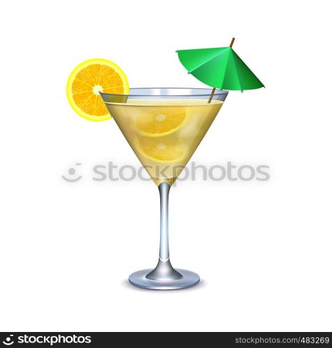 Martini glass with cocktail with lime and umbrella on a white background. Martini glass with cocktail with lime and umbrella