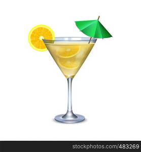 Martini glass with cocktail with lime and umbrella on a white background. Martini glass with cocktail with lime and umbrella